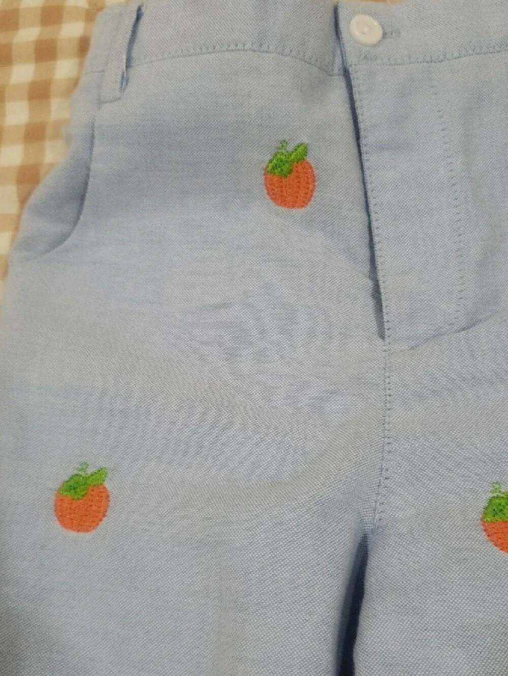 4T Boys Light Blue Pants with Orange Embroidered Fruit